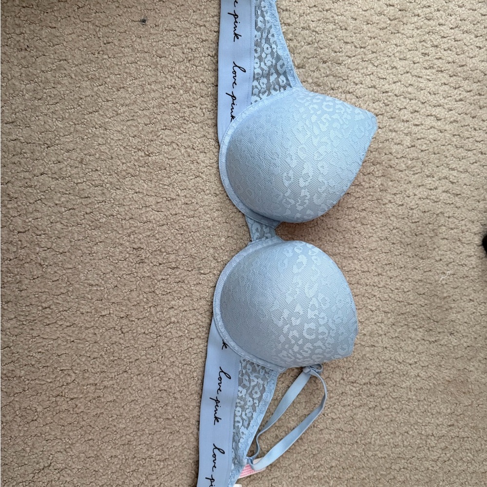PINK Victoria's Secret Pale Blue Lace Push-Up Bra with Logo Band
